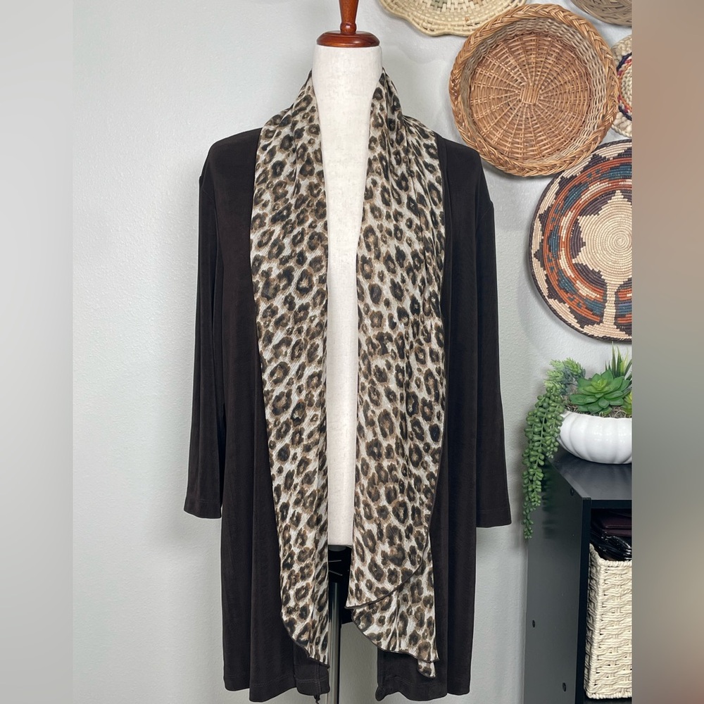 Women’s Chico’s Travelers Animal Print Black Open Front Jacket Overlay Size 2/Lg
